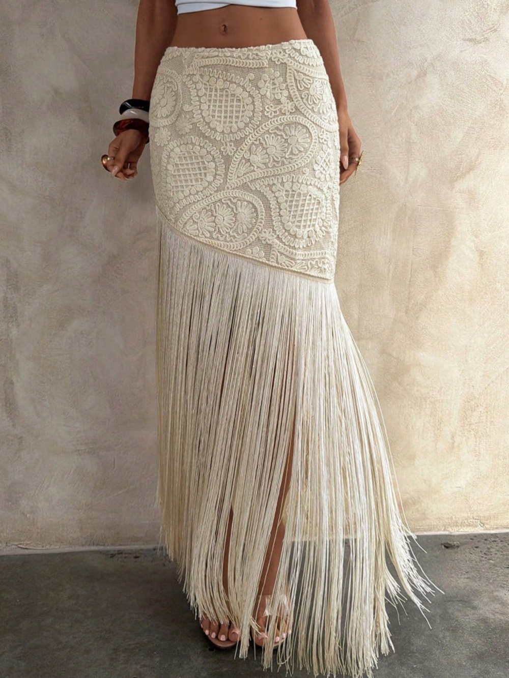 Boho Floral lace Stretchy Waist Tassel Detail Maxi Skirt - Picture 2 of 6